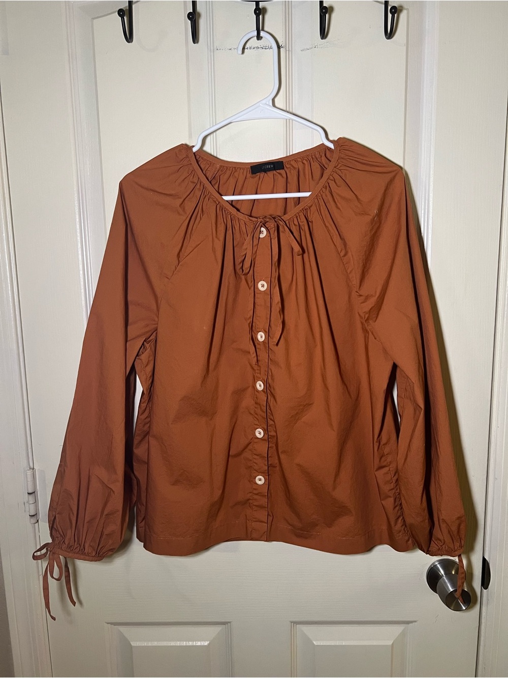 J.Crew Rust Brown Cotton Peasant Blouse Tie Neck Balloon Sleeve